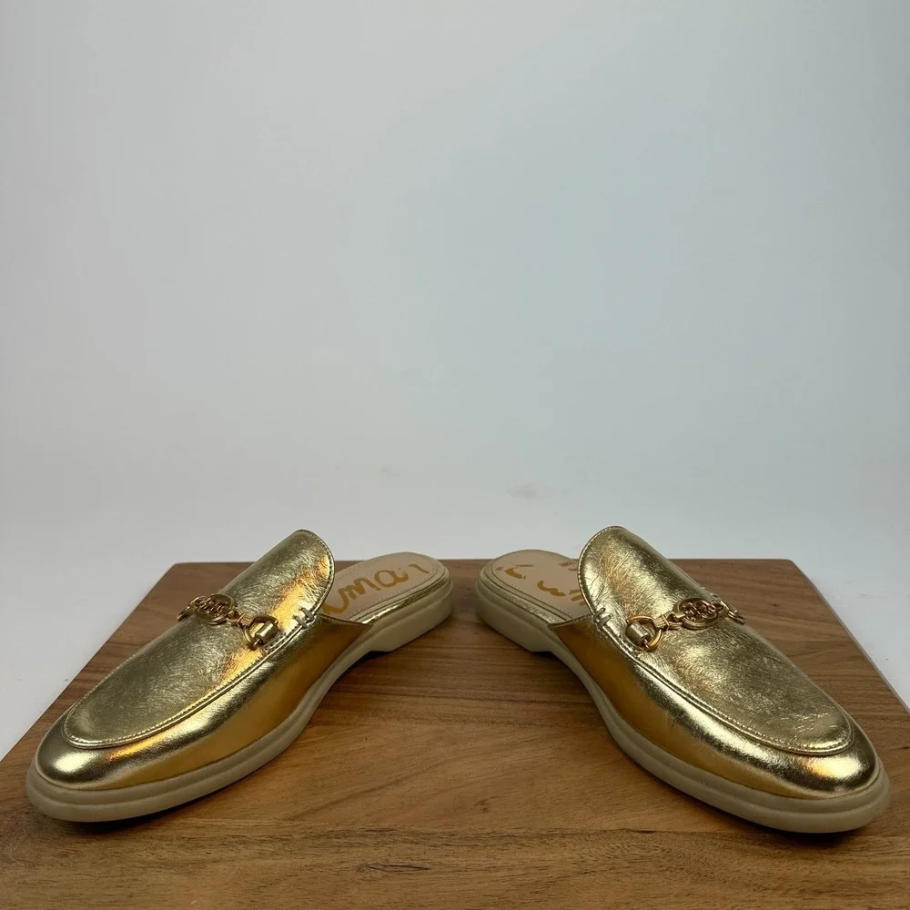 Womens Sam Edelman Kira Metallic Gold Leather Loafers Flats Mules Shoes Size 8‎